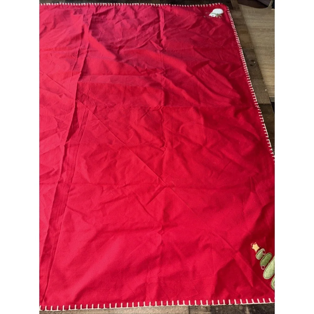Vtg Christmas Cotton Tablecloth Topper 39x39 Red Applique Santa Snowman Tree